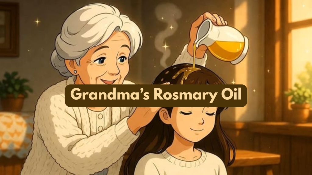 Grandma's homemade rosemary oil recipe or Rosemary infused hair oil in a glass bottle