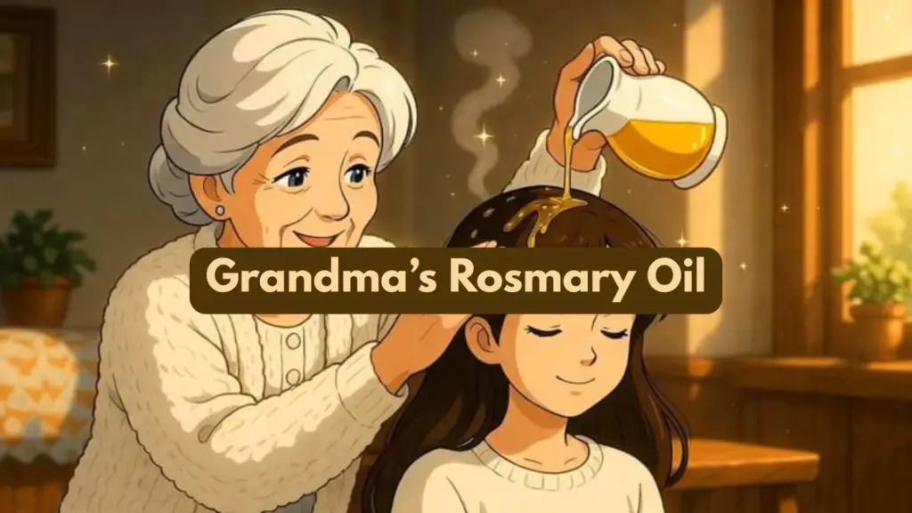 Grandma's homemade rosemary oil recipe or Rosemary infused hair oil in a glass bottle