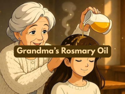 Grandma's homemade rosemary oil recipe or Rosemary infused hair oil in a glass bottle