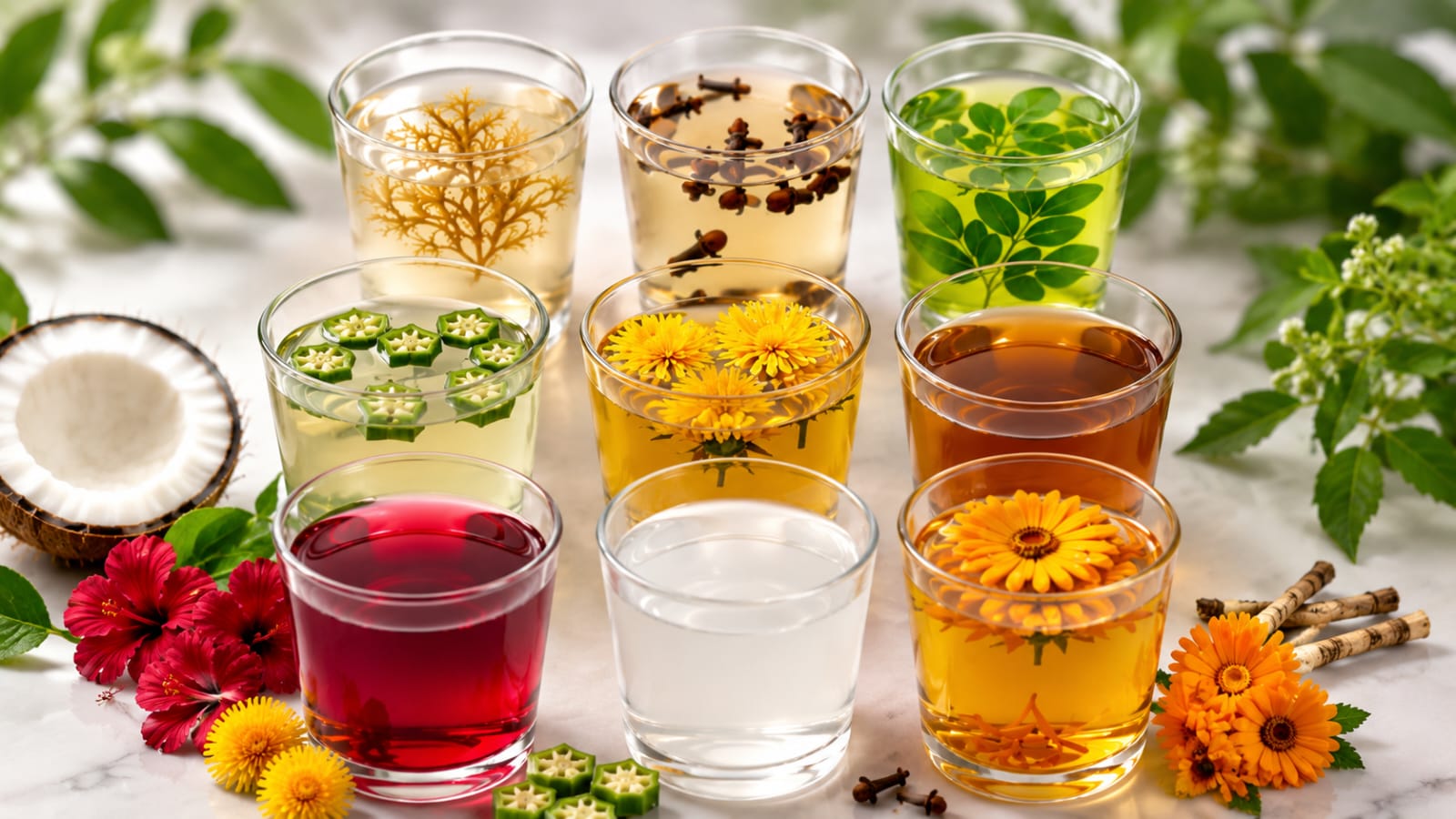 Sea Moss Tea Clove Water Moringa Tea Okra Water Dandelion Tea Burdock Root Tea Hibiscus Tea Coconut Water Calendula Tea